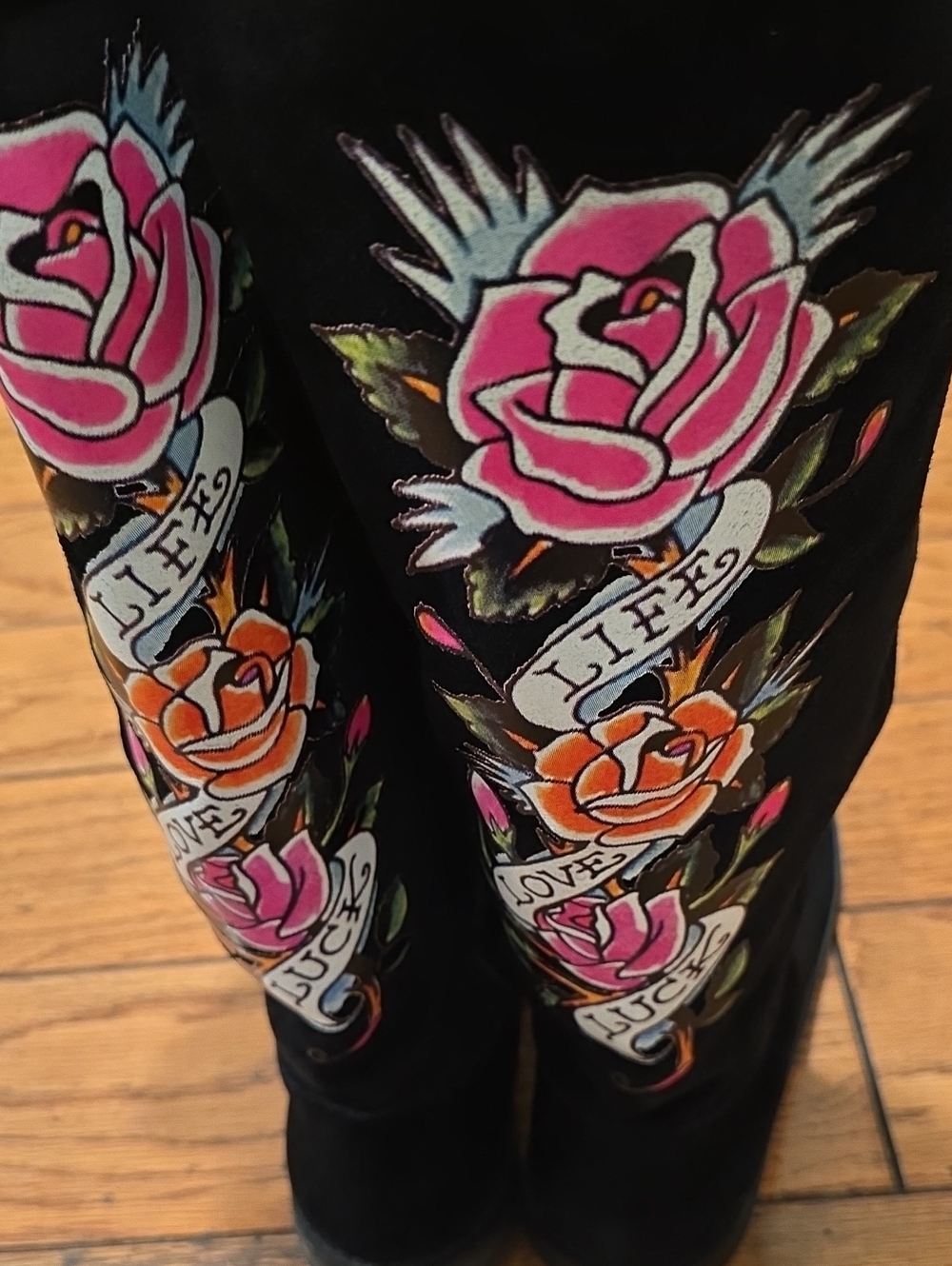 Ed Hardy Black Women's Knee-High Boots with Pink & Orange Rose Embroidery - Picture 2 of 8